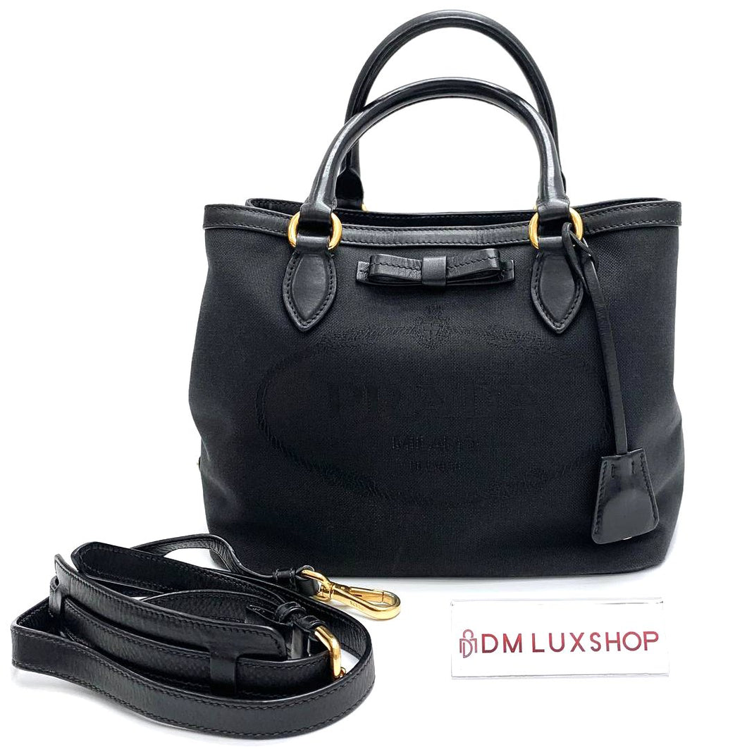 Prada Black Canvas Logo Bow Tote