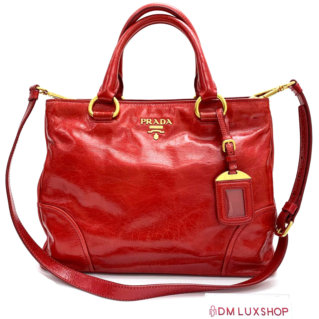 Prada Red Leather Tote Bag with Strap