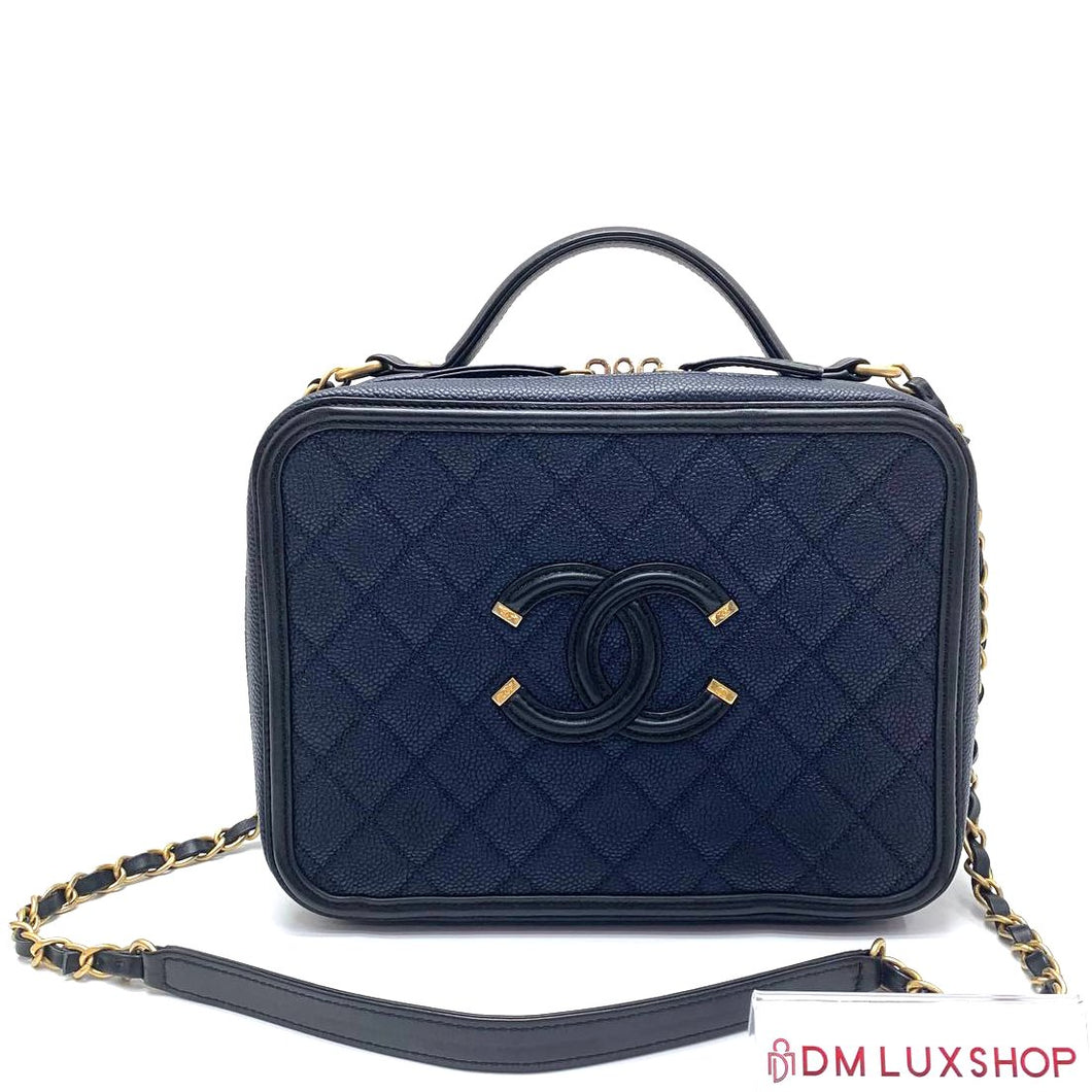 Chanel Navy Blue Caviar Filigree Vanity Case Large GHW, Serial 24