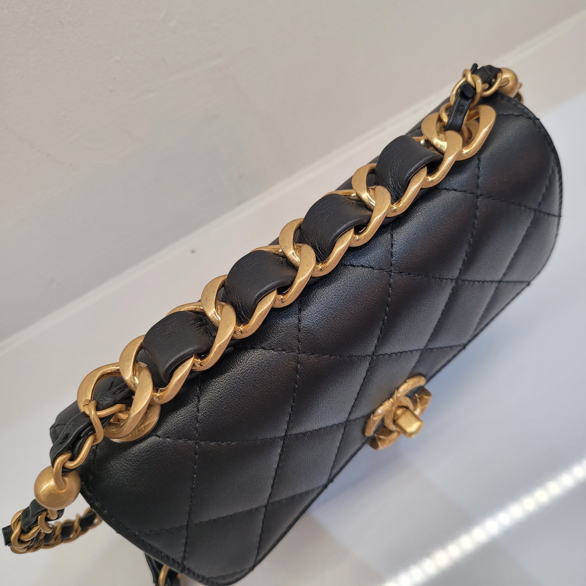 Chanel 22S Hobo Small Pearl Crush Gold Hardware Lambskin Bag Black   NOBLEMARS